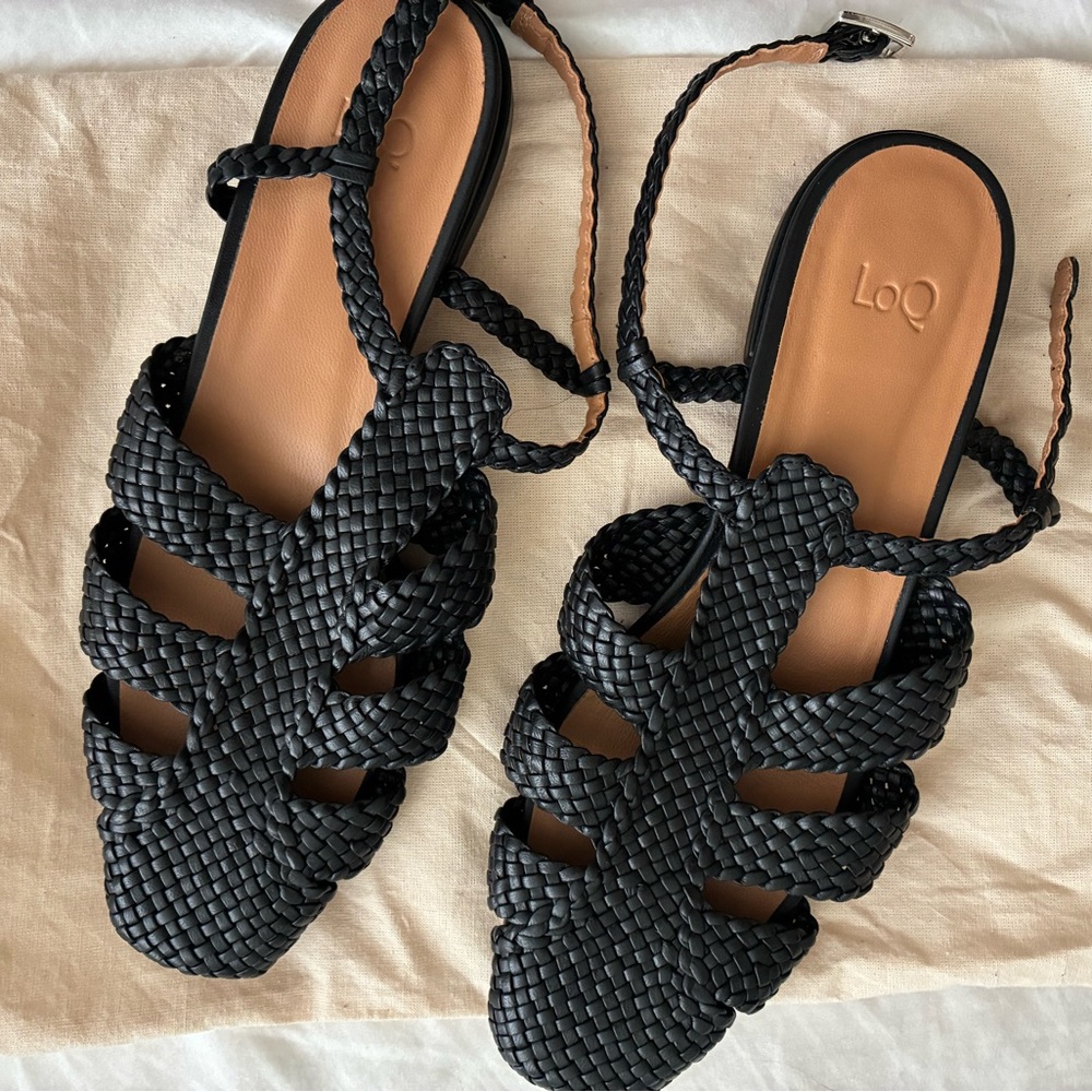 LOQ Black Braided Leather Ankle-Strap Sandals